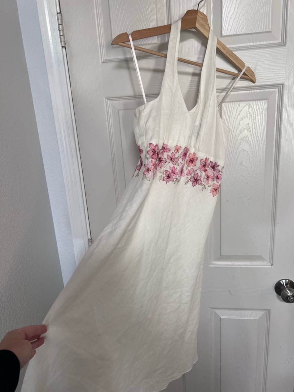 Ann Taylor Women’s Linen Halter Dress Pink Floral Embroidery Empire Waist Midi - Picture 16 of 16